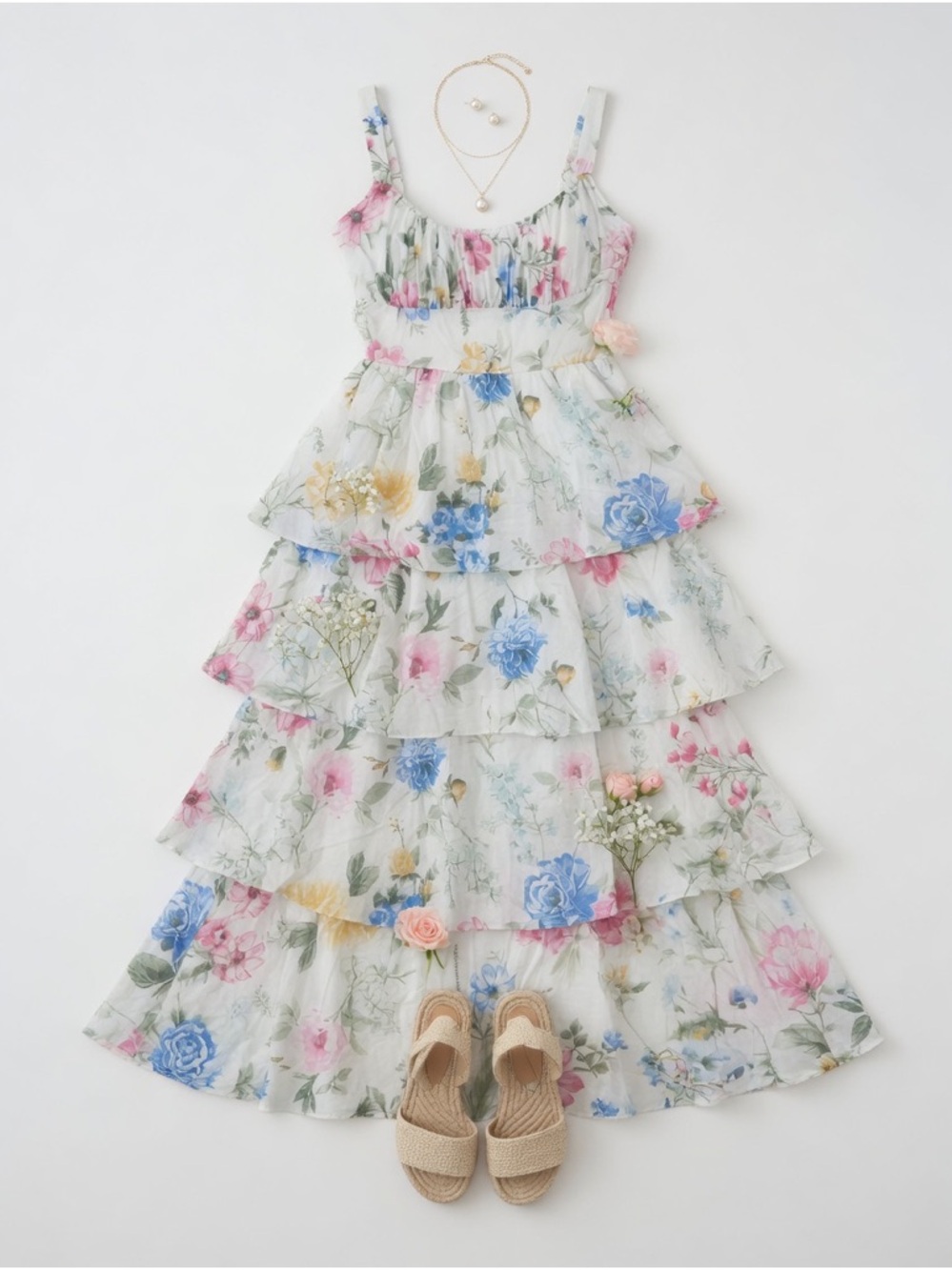 Floral Sleeveless Ruffle Tiered Skirt Midi Dress